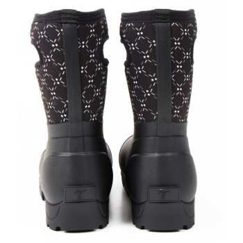 Schwarze wasserdichte Haustierstiefel mit einem weißen geometrischen Muster, mit einer robusten Sohle und Zuglaschen für einfaches Anziehen.