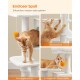 Bild einer orangefarbenen Katze auf einem Baum, die mit einem Pom-Pom spielt. Text hebt "Kletterplattform," "4 Kratzsäulen," und "2 hängende Plüschbälle" hervor.