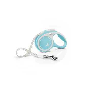 A light blue retractable dog leash with a white handle and a silver clip, displayed against a white background.