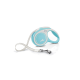 A light blue retractable dog leash with a white handle and a silver clip, displayed against a white background.
