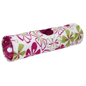 Kerbl Pet Katzentunnel Flower Bunter Haustiertunnel mit pinken und grünen floralen Mustern, mit einem Loch zum Eintritt und einem baumelnden Pom-Pom-Spielzeug.