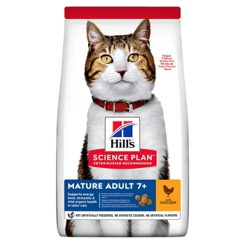 Hill's Science Plan cat food bag featuring a mature tabby cat with a red collar. Text highlights "Mature Adult 7+" and "with chicken."
