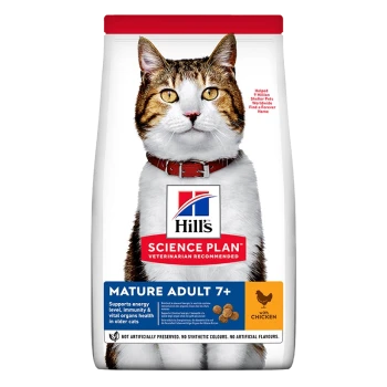 Hill's Science Plan cat food bag featuring a mature tabby cat with a red collar. Text highlights "Mature Adult 7+" and "with chicken."