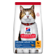 Hill's Science Plan cat food bag featuring a mature tabby cat with a red collar. Text highlights "Mature Adult 7+" and "with chicken."