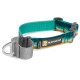 Bunter Hundehalsband von Ruffwear, mit einem türkis- und gelbgestreiften Design, einer Metallschnalle und einem Logo-Patch.