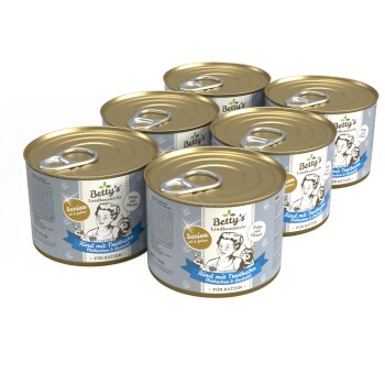 Sechs Dosen Betty's Landhausküche Katzenfutter, beschriftet mit 'Rind mit Truthahn' für Seniorenkatzen, mit einem Ziehdeckel und buntem Verpackungsdesign.