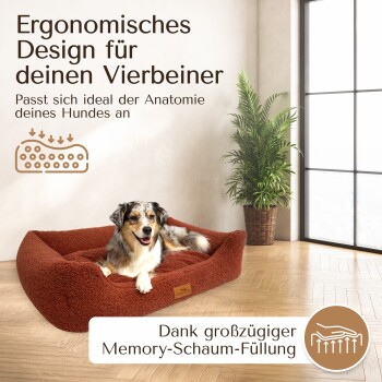 Gemütliches ergonomisches Hundebett in plüschigem Braun, entworfen für Komfort mit Memory-Schaum zur Unterstützung der Anatomie eines Hundes.