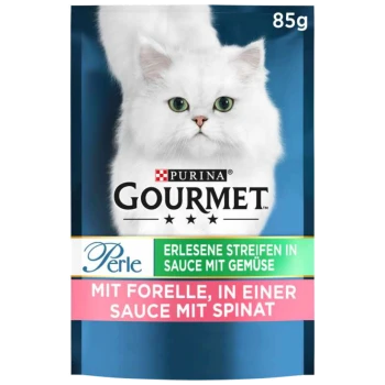 Purina Gourmet Katzenfutterbeutel mit einer weißen Katze auf blauem Hintergrund, beschriftet mit "Perle," 85g, mit Forelle und Spinat in Sauce.