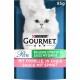 Purina Gourmet Katzenfutterbeutel mit einer weißen Katze auf blauem Hintergrund, beschriftet mit "Perle," 85g, mit Forelle und Spinat in Sauce.
