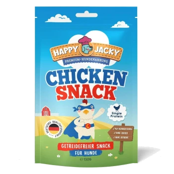 Verpackung der Happy Jacky Chicken Snack Hundeleckerlis mit Cartoon-Hühner-Superheld, Einzelprotein, getreidefrei, 130g.