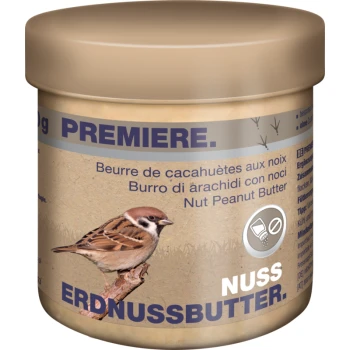 Jar of peanut butter for birds, labeled with a sparrow and multilingual text, including "Nut Peanut Butter" and "Erdnussbutter."