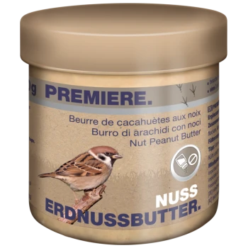 Glas Erdnussbutter für Vögel, beschriftet mit einem Spatz und mehrsprachigem Text, einschließlich "Nut Peanut Butter" und "Erdnussbutter."
