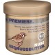 Glas Erdnussbutter für Vögel, beschriftet mit einem Spatz und mehrsprachigem Text, einschließlich "Nut Peanut Butter" und "Erdnussbutter."