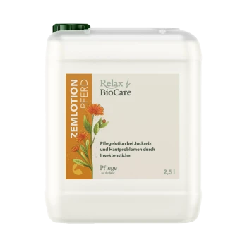 2,5L Relax BioCare Pferdelotion-Behälter mit floralen Designs, behauptet, Juckreiz und Hautprobleme durch Insektenstiche zu lindern.