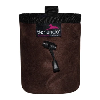 Braune Haustier-Zubehörtasche mit Kordelzugverschluss, ausgestattet mit einem tierlando-Logo und dem Text 'Hundebetten und mehr.'