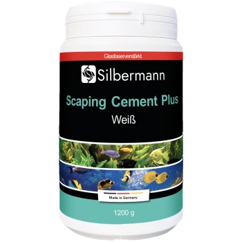 Behälter von Scaper's Cement Plus von Silbermann, 1200g, mit bunten aquatischen Bildern auf dem Etikett.
