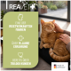 Etikett für Reavet Ohrmilben Öl Plus, mit einer Abbildung einer orangefarbenen Katze, 50ml, mit Kamille. Gebrauchsanweisung und Lagerdetails sind enthalten.