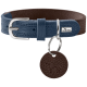 Blaues Leder-Hundehalsband mit einer silbernen Schnalle und einem braunen Anhänger mit einer geprägten Hundesilhouette, markiert mit "HUNTER."