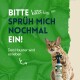 Eine verspielte Katze, die nach einer Sprühflasche greift, die mit "Haustierpflege" beschriftet ist, vor einem grünen Hintergrund, mit Text, der auffordert, erneut zu sprühen.