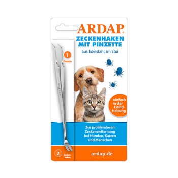 ARDAP Zeckenentfernungstool-Kit mit einem Edelstahlhaken und einer Pinzette, mit Bildern eines Hundes und einer Katze, und Text auf Deutsch.