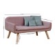 Ein pinkes Haustiersofa mit Holzbeinen, das drei weiche, türkisfarbene Kissen hat, mit den Abmessungen: 103 cm breit, 50 cm hoch, 20 cm Beinhöhe.