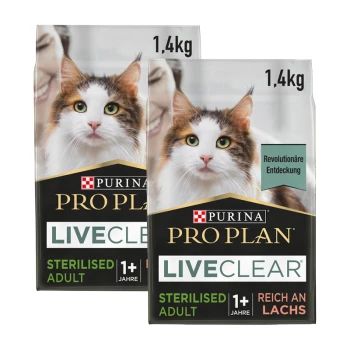Zwei Beutel Purina Pro Plan LiveClear Katzenfutter, jeweils 1,4 kg, mit einer Katze auf der Vorderseite und einem Text, der angibt, dass es für sterilisierten erwachsenen Katzen geeignet ist.