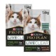 Zwei Beutel Purina Pro Plan LiveClear Katzenfutter, jeweils 1,4 kg, mit einer Katze auf der Vorderseite und einem Text, der angibt, dass es für sterilisierten erwachsenen Katzen geeignet ist.