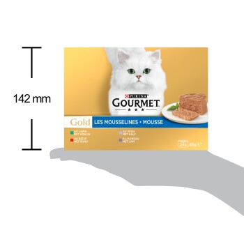Boîte de Purina GOURMET Gold pour chat montrant un chat blanc, mousse servie sur assiette, texte « LES MOUSSELINES • MOUSSE »