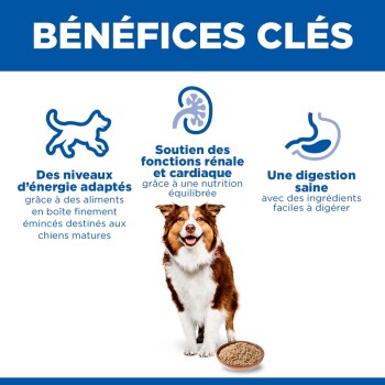 En-tête « BÉNÉFICES CLÉS » ; mentions : Niveaux d'énergie, Soutien des fonctions rénales et cardiaques, Digestion saine. Chien avec croquettes
