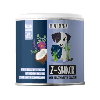 Blauer zylindrischer Behälter mit dem Etikett "Tierliebhaber Z-Snack" mit Pfotenabdrücken und haustierbezogenen Symbolen, der natürliche Haustierleckerlis betont.