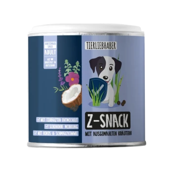 Blauer zylindrischer Behälter mit dem Etikett "Tierliebhaber Z-Snack" mit Pfotenabdrücken und haustierbezogenen Symbolen, der natürliche Haustierleckerlis betont.