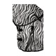 Zebra-gestreifte Haustierjacke mit verstellbaren Riemen und einem kleinen Logo in der unteren rechten Ecke.