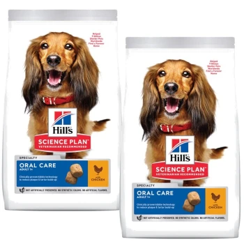 Science Plan karma sucha dla psa, Adult, Oral Care, z kurczakiem 2x2 kg Dwie torby karmy dla psów Hill's Science Plan, oznaczone 'Oral Care' dla dorosłych, z uśmiechającym się jamnikiem na przodzie.
