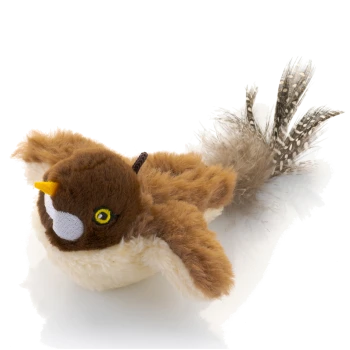 Plüsch-Spielzeug Vogel in Braun und Creme mit gelbem Schnabel und geflecktem Feder-Schwanz, für Haustiere entworfen.