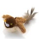 Plüsch-Spielzeug Vogel in Braun und Creme mit gelbem Schnabel und geflecktem Feder-Schwanz, für Haustiere entworfen.