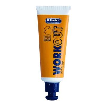 Tube d'entraînement orange vif de Dr. Clauder pour chiens, étiqueté "WORKOUT" et "Snack for dogs," avec du texte au goût de poulet.