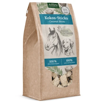 Kokos-Sticks Snack 500g Kraftpapiertüte mit "Kokos-Sticks" mit Illustrationen von Pferd und Hund; beschriftet mit "100% Natürlich", "reine Kokosflocken" und "kein Getreide."