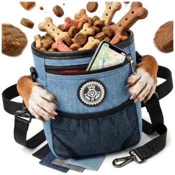 Blaue Jeans-Haustier-Leckerlitasche mit einem roten Kordelzug, schwarzem Netzfach und einem Logo-Patch; enthält einen abnehmbaren Riemen.