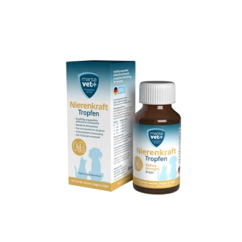 Flasche mit "Nierenkraft Tropfen" für die Nierenstärkung von Haustieren, mit einer blau-weißen Box, gekennzeichnet für Hunde, Katzen und kleine Tiere.