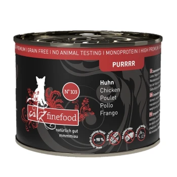 Nassfutter Katze Purrrr Adult No. 103 Huhn 6x200 g Eine Dose "Catz Finefood" Katzenfutter, N° 103, mit schwarzem Hintergrund, die "getreidefrei," "98% Fleisch," und "PURRRR" hervorhebt.
