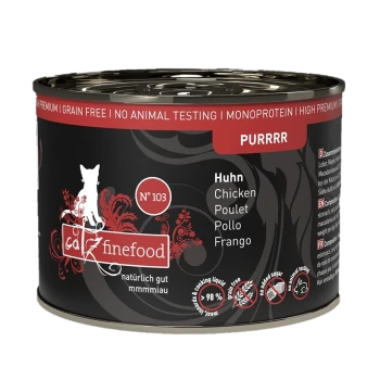 Eine Dose "Catz Finefood" Katzenfutter, N° 103, mit schwarzem Hintergrund, die "getreidefrei," "98% Fleisch," und "PURRRR" hervorhebt.