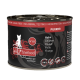 Eine Dose "Catz Finefood" Katzenfutter, N° 103, mit schwarzem Hintergrund, die "getreidefrei," "98% Fleisch," und "PURRRR" hervorhebt.