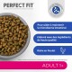 Un bol de croquettes "Perfect Fit" mettant en avant les avantages : soutient la santé intestinale, de haute qualité, riche en poulet, pour les animaux adultes.
