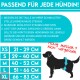 Infografik zur Messung der Hundewaistgrößen, mit Größentabelle (XS bis XL) und Maßen in Zentimetern sowie Anweisungen auf Deutsch.