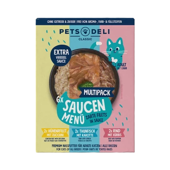 Pets Deli Classic Multipack Katzenfutter mit 6 sämigen Filetmahlzeiten: Huhn mit Zucchini, Thunfisch mit Karotte, Rind mit Kürbis.