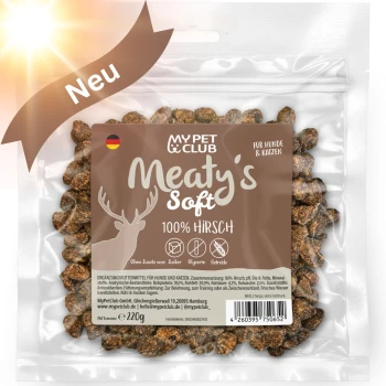 Meaty's Hunde & Katzen Leckerli Hirsch getreidefrei Softsnack Weiche Haustierleckerlis in einer durchsichtigen Tüte mit der Aufschrift 'Meaty's Soft 100% Hirsch' für Hunde und Katzen, mit einer Hirschsilhouette und Nährwertangaben.
