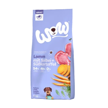 Torba z karmą dla psów z marką 'WOW', oznaczona 'Lamm mit Salbei + Süßkartoffel' z 54% jagnięciny, 46% warzyw, 0% zbóż, 6 kg.