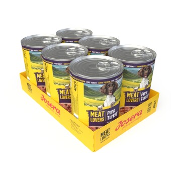 Sechserpack-Schale Josera Meat Lovers 'Pure Turkey' Hundefutterdosen, gelbe Verpackung mit Hundeabbildung.