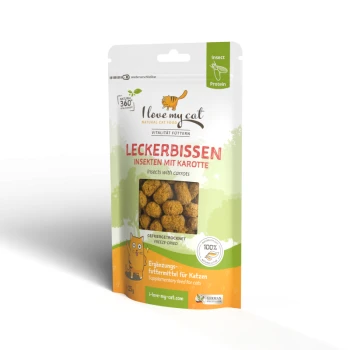 Eine Packung "Ich liebe meine Katze" mit natürlichem Katzenfutter, gefriergetrockneten Insektenleckereien und Karotten, mit einem Cartoon-Katzenlogo und dem Anspruch auf 100% natürliche Inhaltsstoffe.