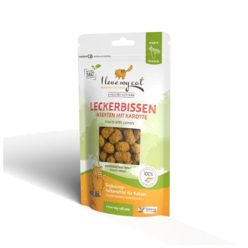 Eine Packung "Ich liebe meine Katze" mit natürlichem Katzenfutter, gefriergetrockneten Insektenleckereien und Karotten, mit einem Cartoon-Katzenlogo und dem Anspruch auf 100% natürliche Inhaltsstoffe.